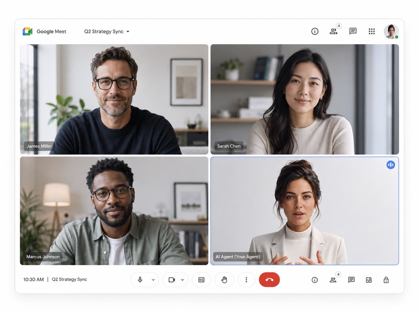 Google Meet call — three human teammates in tiles, the AI agent on camera bottom-right, speaking