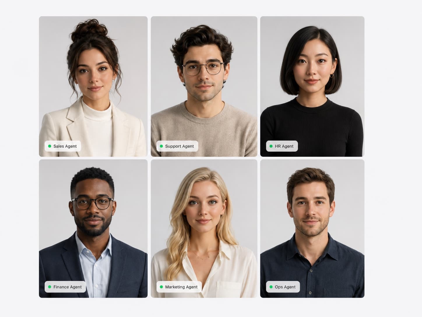 Six generated agent portraits with role labels — sales, support, HR, finance, marketing and ops
